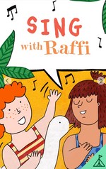 An illustration of two children singing with musical notes and leaves, featuring the text “Sing with Raffi” in a speech bubble above them, perfectly reflects the joy of Raffi’s music and welcomes everyone to join a cheerful sing-along—just like the Yoto Card: Sing with Raffi from Yoto.
