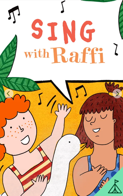 An illustration of two children singing with musical notes and leaves, featuring the text “Sing with Raffi” in a speech bubble above them, perfectly reflects the joy of Raffi’s music and welcomes everyone to join a cheerful sing-along—just like the Yoto Card: Sing with Raffi from Yoto.