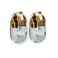 Discover the Organic Mini Gold Hoops by Lizzie Fortunato—a pair of elegant gold-plated earrings featuring metal tops and translucent, curved resin bottoms with a frosted white interior, perfect for anyone who loves a unique, artful touch.