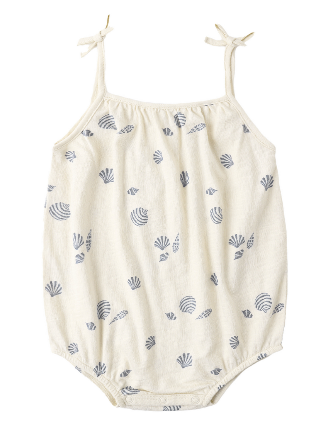 The Baby Girls' Nala Romper by Rylee & Cru features bow straps and blue seashells on soft white cotton jersey, with snaps at the bottom for easy changing.