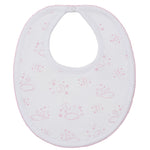 The Kissy Kissy Cheerful Good Night Printed Bib is crafted from soft Pima cotton, features pink clouds, moons, and stars on white with a light pink trim, and fastens at the neck with a snap closure.