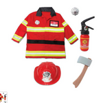 The Great Pretenders Firefighter with Accessories Set features a red jacket, helmet, toy axe, plastic extinguisher, and two silver badges—ideal for kids’ pretend play adventures.