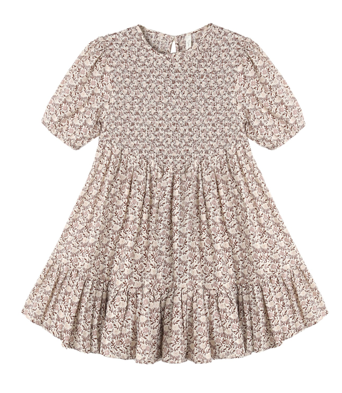 The Girls’ India Dress by Rylee & Cru features short sleeves, a knee-length silhouette, a light brown floral pattern, a smocked bodice, gathered waist, and a ruffled hem.
