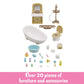 The Calico Critters Country Bathroom Set features assorted miniature bathroom furniture and accessories—including a bathtub, toilet, sink, shower, and basket—along with various small items, all perfect for use as charming dollhouse furniture and displayed on a white background.
