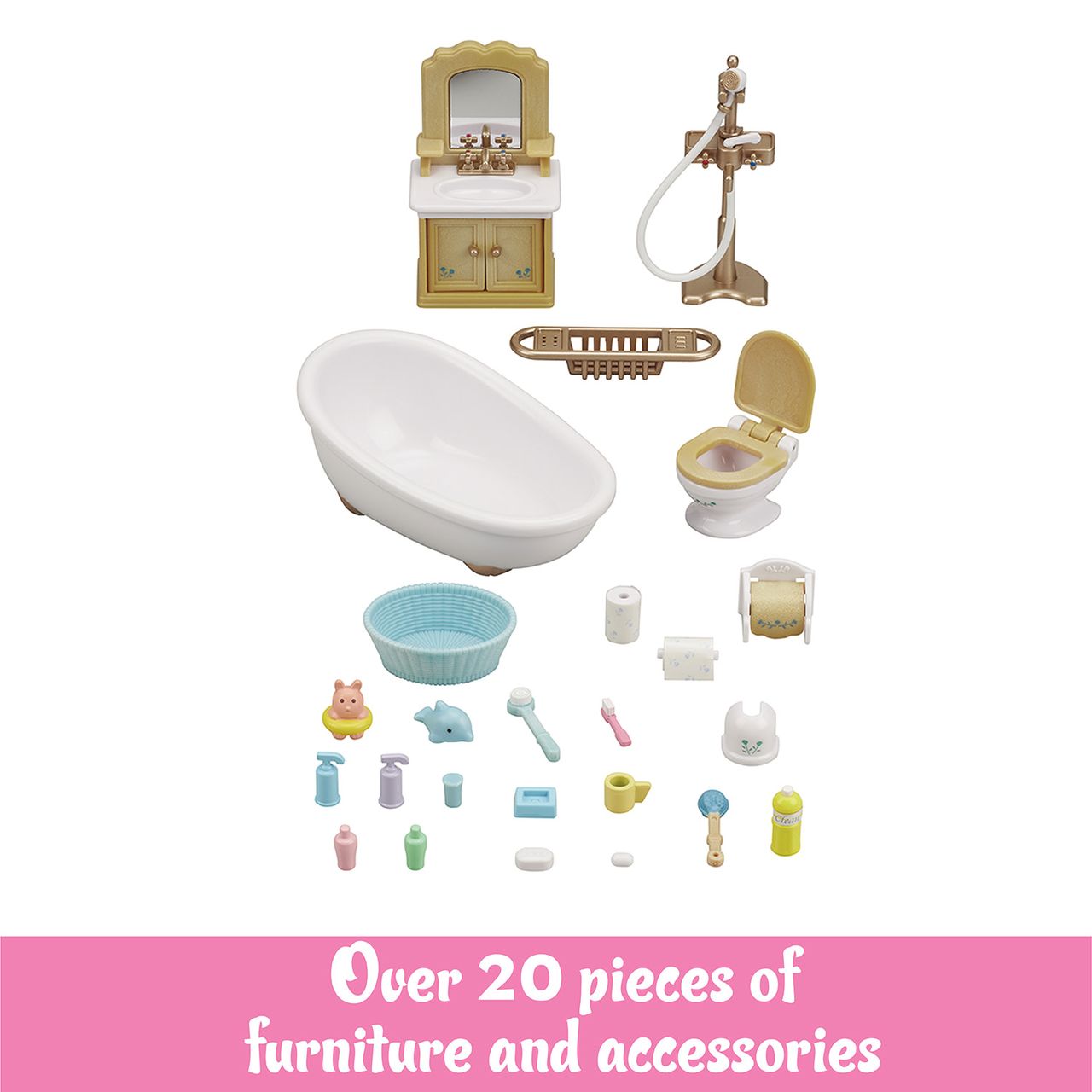 The Calico Critters Country Bathroom Set features assorted miniature bathroom furniture and accessories—including a bathtub, toilet, sink, shower, and basket—along with various small items, all perfect for use as charming dollhouse furniture and displayed on a white background.