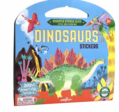 A package labeled "Shiny Sticker Book" by Eeboo, featuring 200 shiny rainbow foil dinosaur stickers, suitable for ages 3 and up.