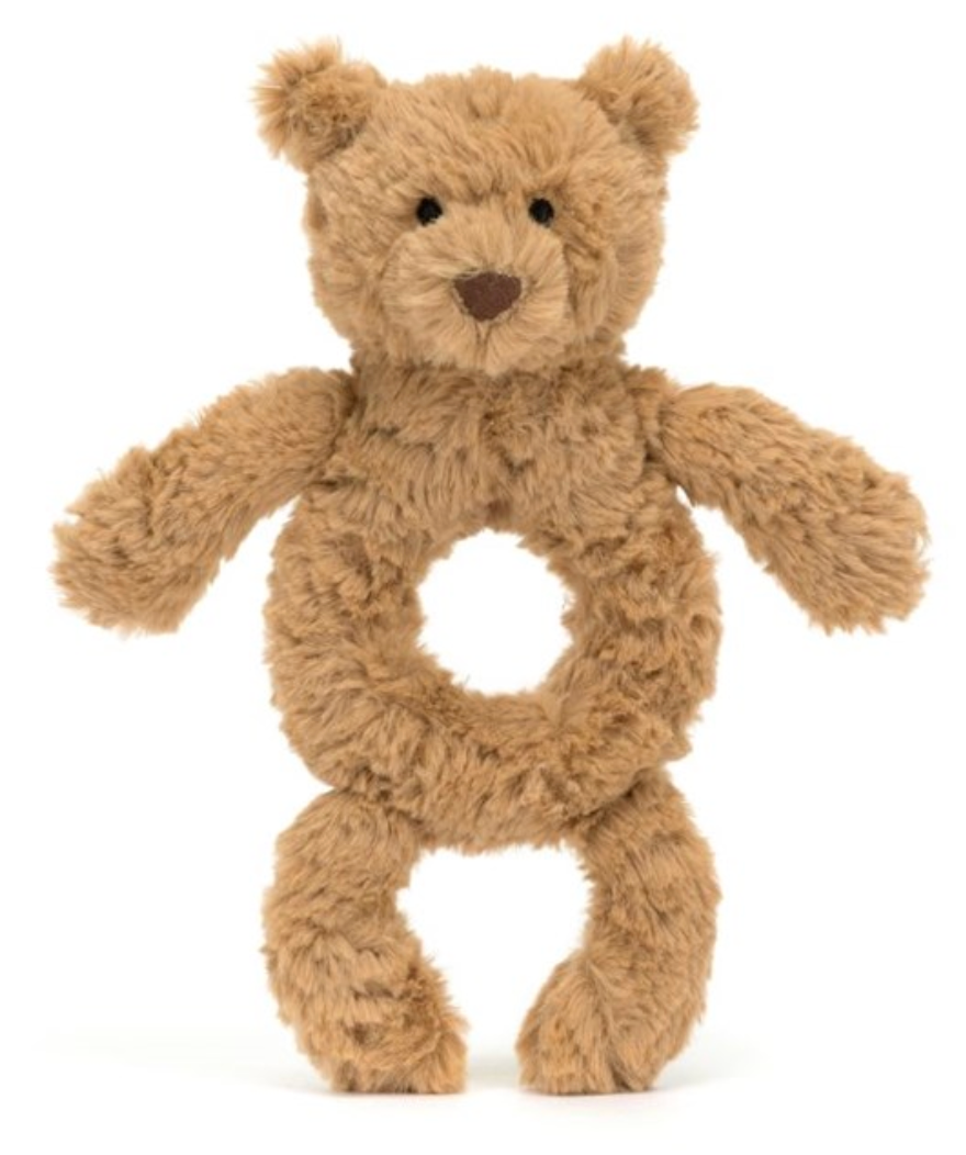 A Jellycat Bartholomew Bear Ring Rattle with a circular opening in the middle, designed with soft, brown fur and black eyes, made from recycled fibers to ensure eco-friendliness and crafted according to safety recommendations for newborns.