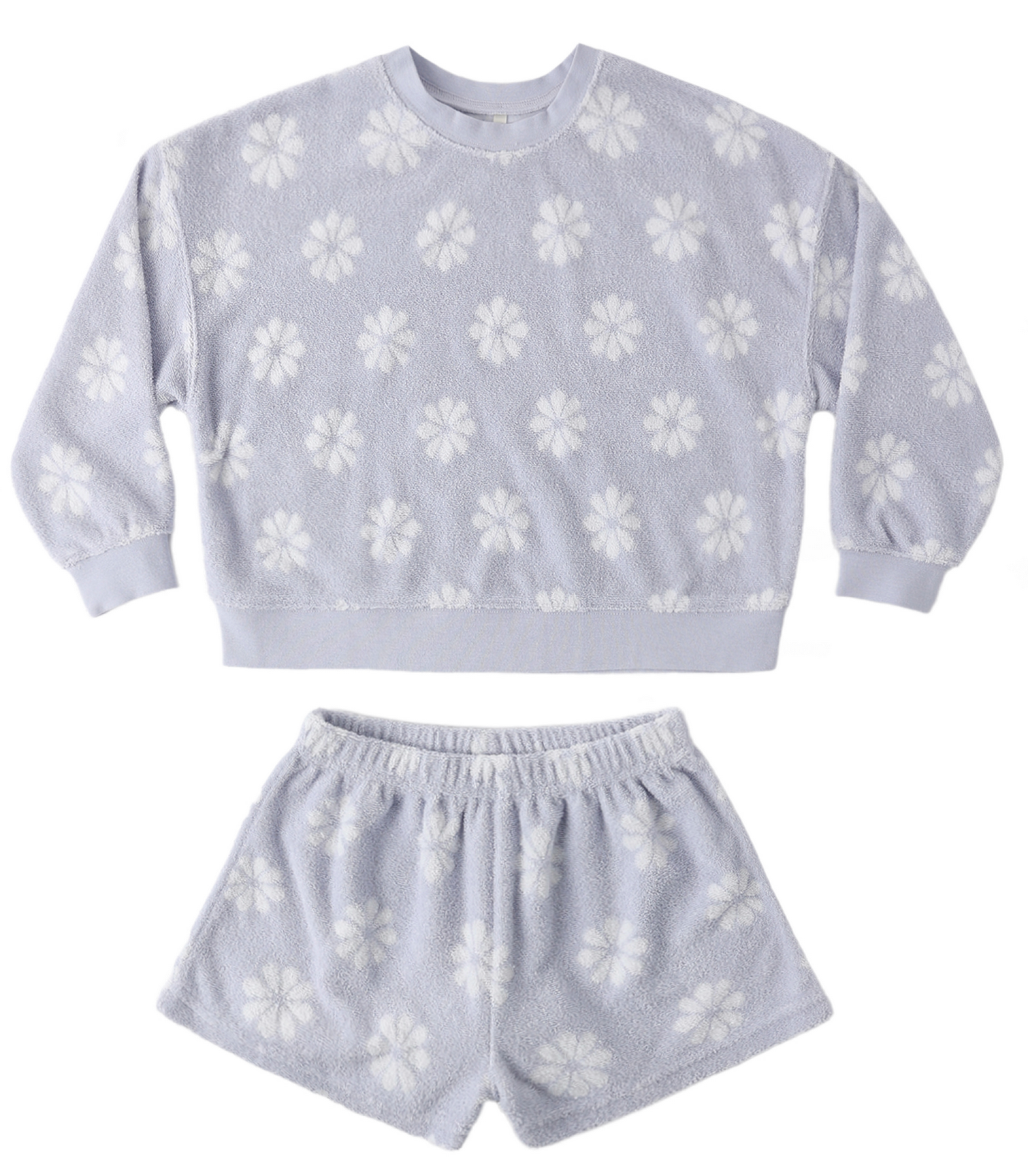 The Baby Girls' and Girls' Karli Set by Rylee & Cru is a light purple terry cloth loungewear set with a long-sleeve top and shorts, featuring a white floral pattern—ideal for relaxed summer days.
