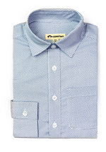 This Appaman Boys' Standard Shirt in classic light blue, accented with a small dotted pattern, includes a left-side pocket and a visible Appaman brand tag on the collar.