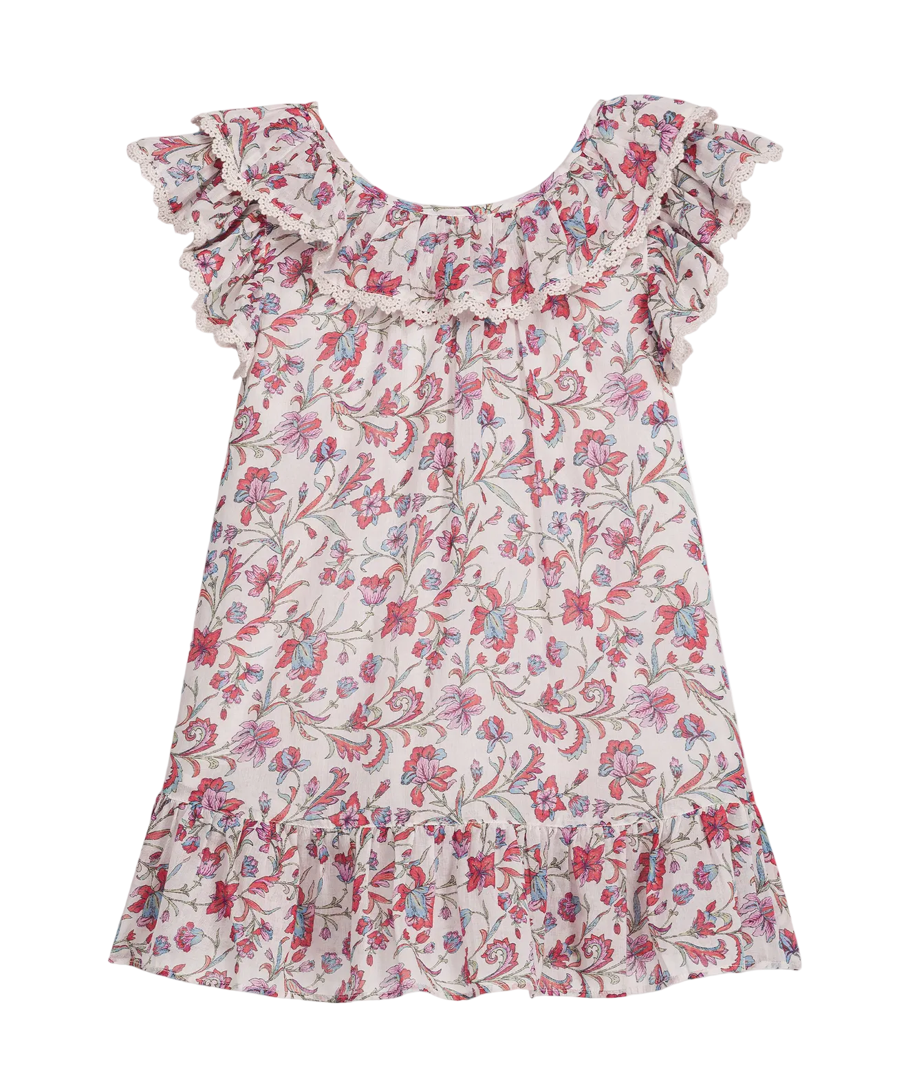 The Girls’ Natiyana Dress by Louise Misha is a sleeveless cotton dress adorned with a charming pink and blue floral pattern, featuring ruffled collar and hem with delicate lace trim, shown against a white background.