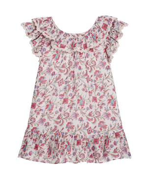 The Girls’ Natiyana Dress by Louise Misha is a sleeveless cotton dress adorned with a charming pink and blue floral pattern, featuring ruffled collar and hem with delicate lace trim, shown against a white background.