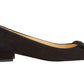Ann Mashburn's Suede Buckle Shoe in black calf suede features a demi heel, bow detail on top, and is shown in side view.