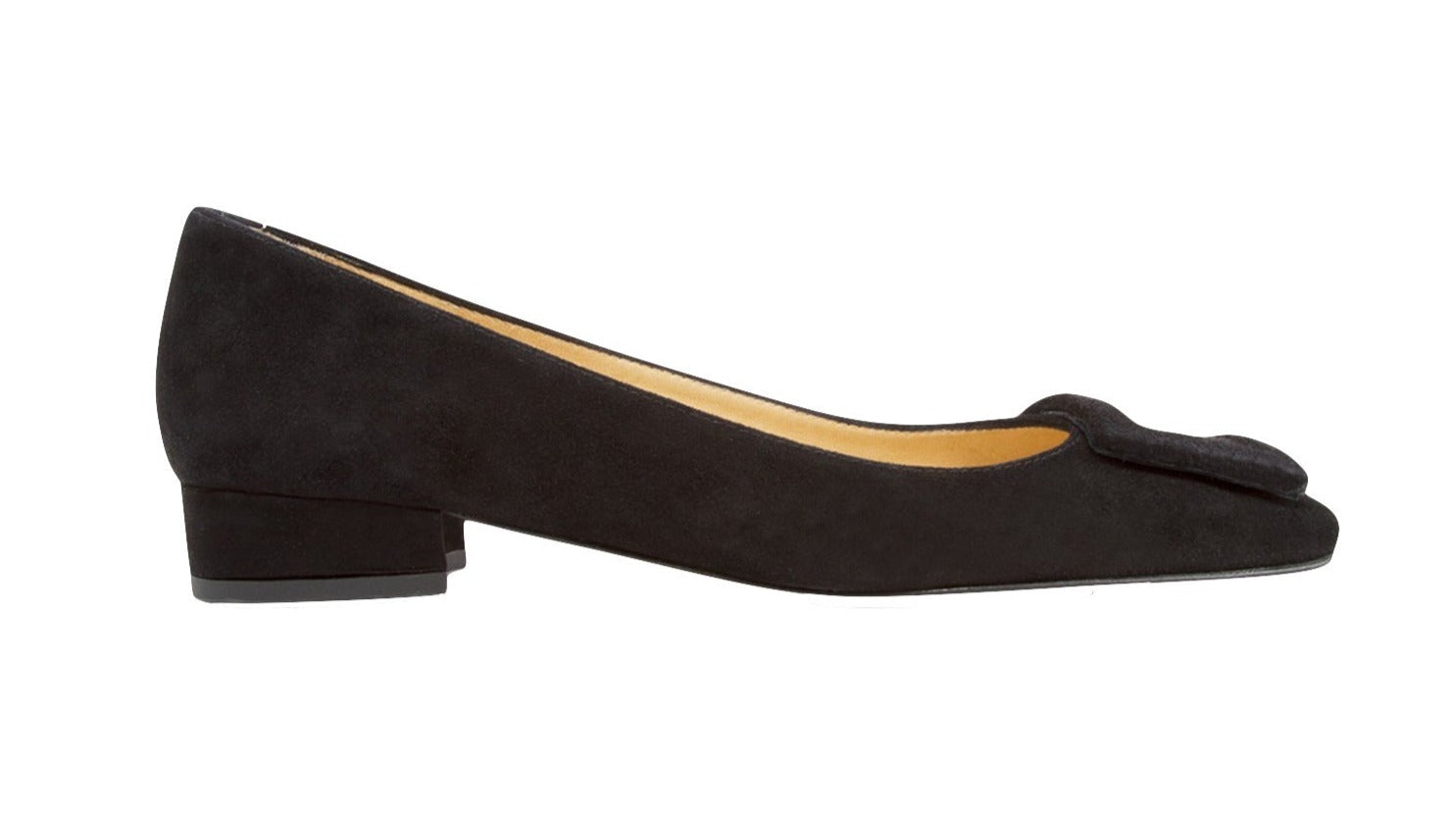 Ann Mashburn black calf suede ballet flat with a decorative bow and a low heel, isolated on a white background.