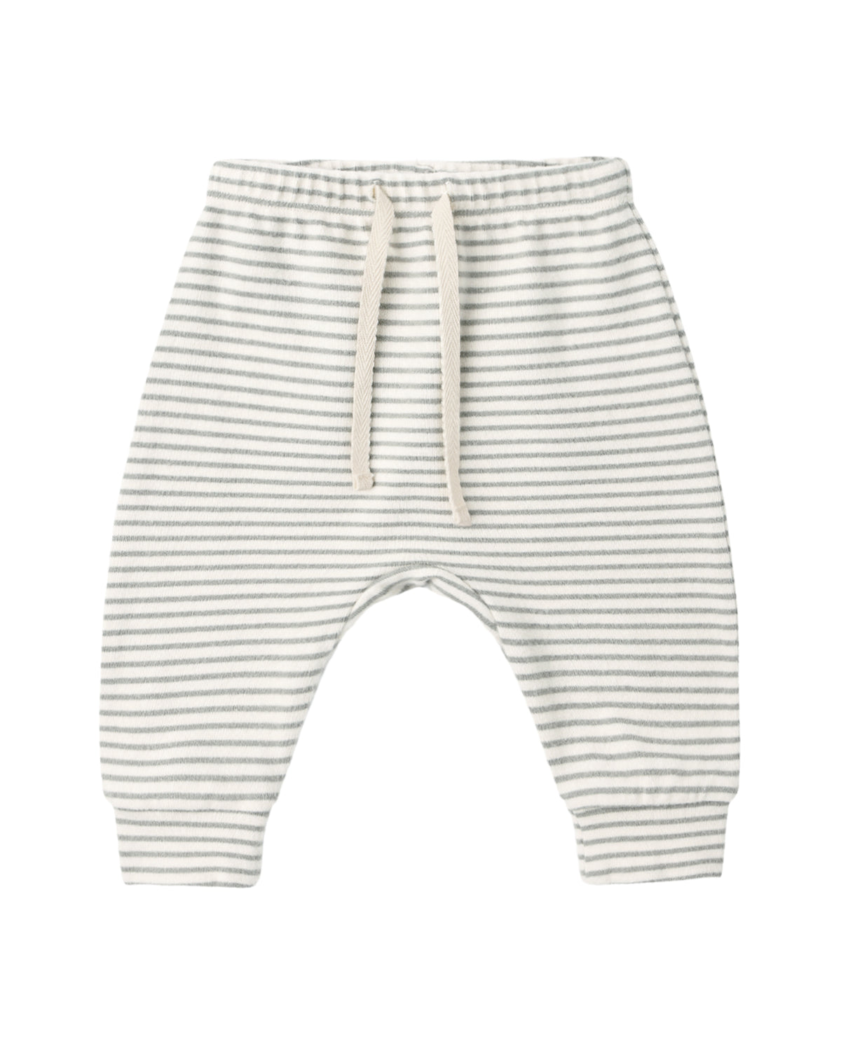 Quincy Mae Baby and Kids’ Drawstring Pant, crafted from soft organic brushed jersey in white and gray stripes, features an elastic waistband with a cream-colored drawstring, shown against a plain white background.