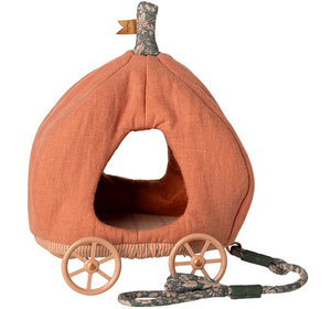 The Maileg Pumpkin Carriage - Mouse is an orange fabric pet house shaped like a pumpkin carriage, featuring an open doorway, four tan wheels, and a matching floral-patterned leash attached to the base—perfect for your plush toy or as a whimsical hideaway for any member of the Royal Mouse Family.