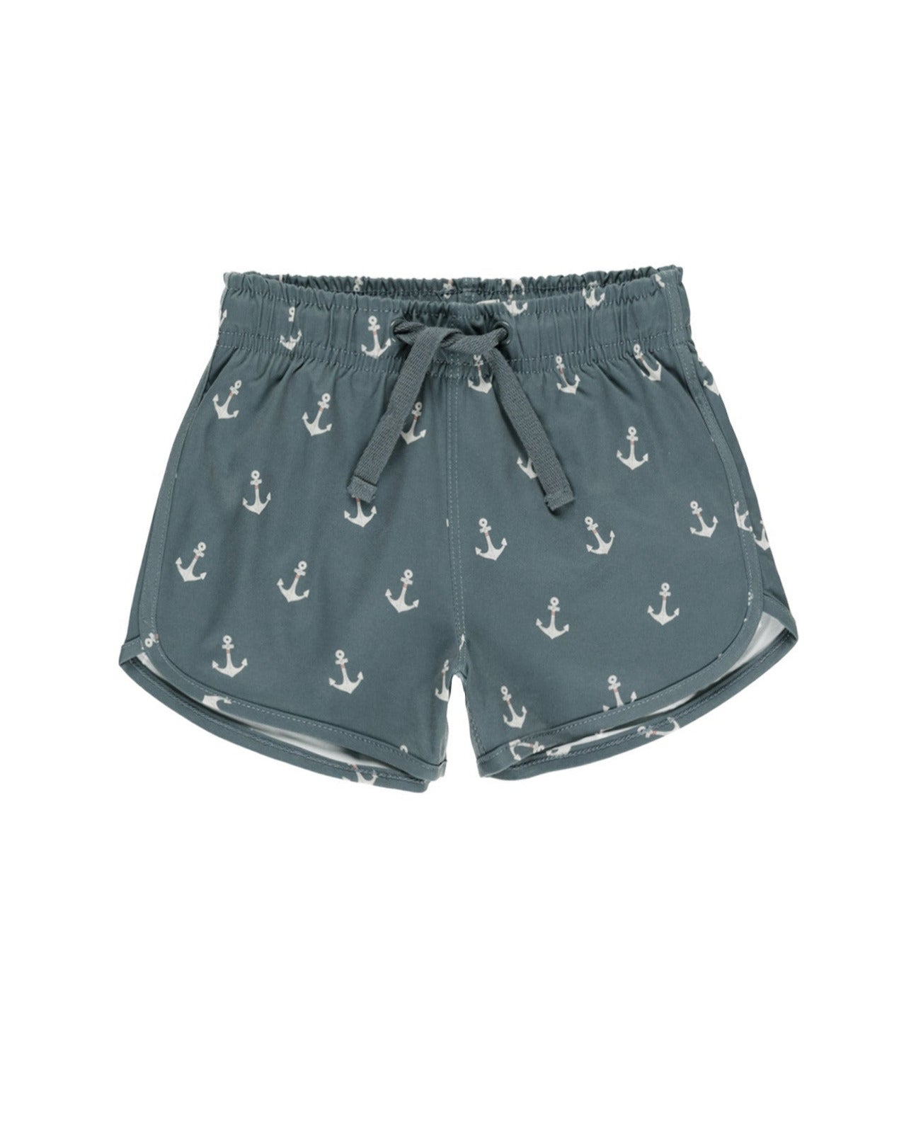 Rylee & Cru Baby Boys' & Boys' Swim Trunk in gray with a drawstring waist, white anchor print, UPF 50+ protection, and rounded side hems is shown on a white background.