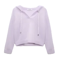 The Modern Statements Pullover by Dorothee Schumacher is a light purple Merino-cashmere hooded top with long sleeves, a V-neck, and drawstrings, shown on a plain background.