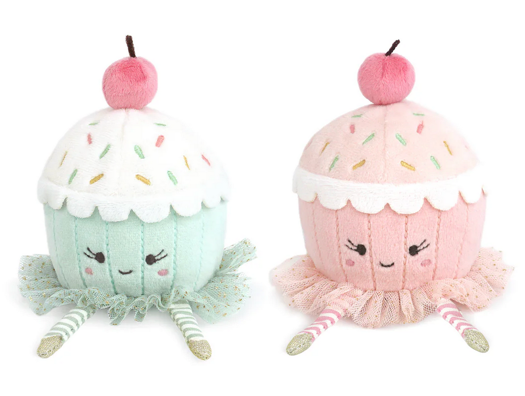 The Mon Ami Cupcake Dancing Duo features two cheerful plush cupcakes with pastel hues, cherry toppers, and tulle accents—the perfect whimsical gift for any occasion.