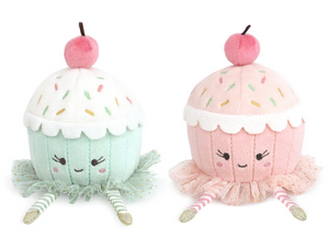 The Mon Ami Cupcake Dancing Duo features two cheerful plush cupcakes with pastel hues, cherry toppers, and tulle accents—the perfect whimsical gift for any occasion.