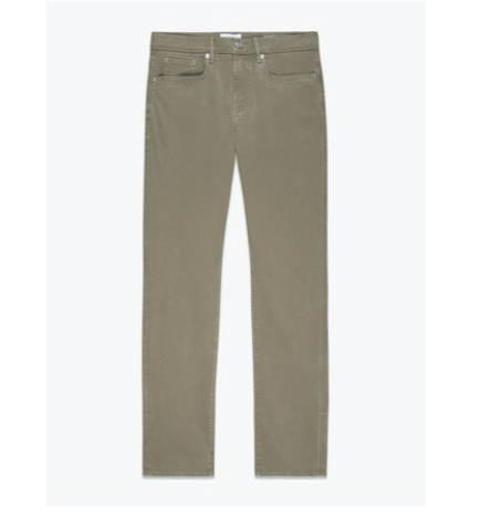 The L’Homme Slim Denim by Frame is a pair of slim-fit light olive green jeans in sustainable brushed twill, featuring five pockets and a button closure, showcased on a white background.