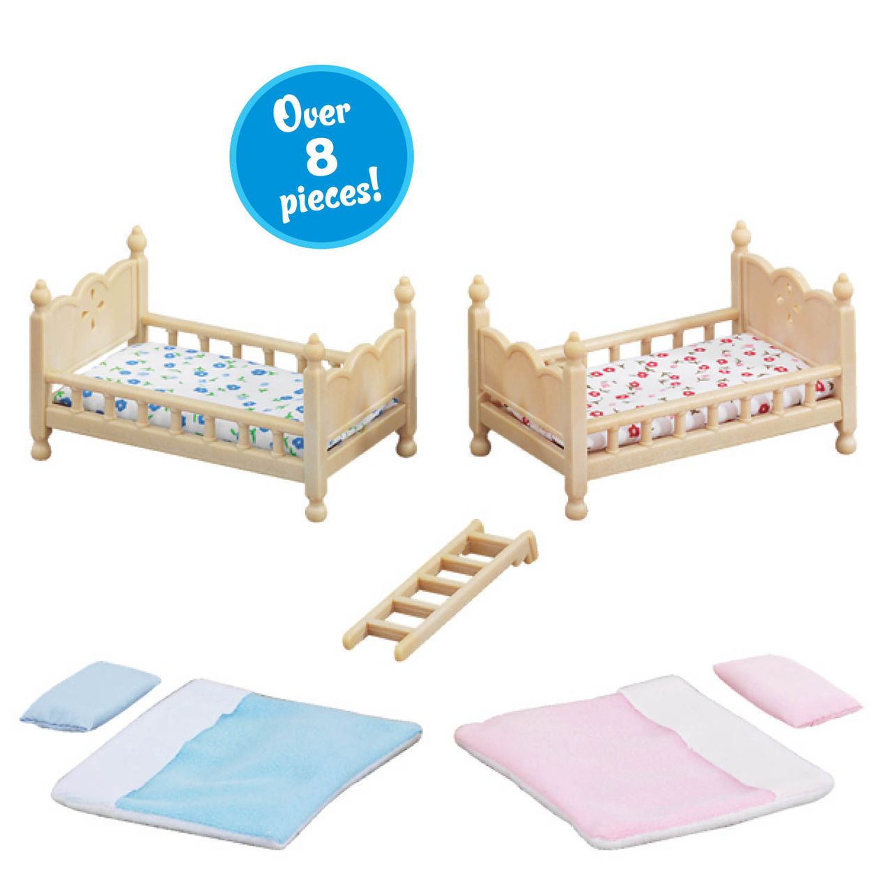 Add the Calico Critters Stack and Play Beds to your dollhouse furniture collection—this set includes two beige beds with patterned bedding, a small ladder, and pink and blue blankets and pillows. A blue circle highlights “Over 8 pieces!” above the beds, making it an ideal choice for Calico Critters fans.