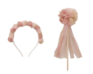 The Noralee Pom Pom Crown + Wand set includes a pink tulle headband with poufs and a matching wand adorned with a large tulle flower and ribbon streamers, perfect for dress-up.