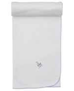 The Kissy Kissy Premier Noah's Ark Blanket with Hand Emb. is a white Pima cotton baby blanket with light blue trim and a small embroidered giraffe and train near one corner, rolled at the top.