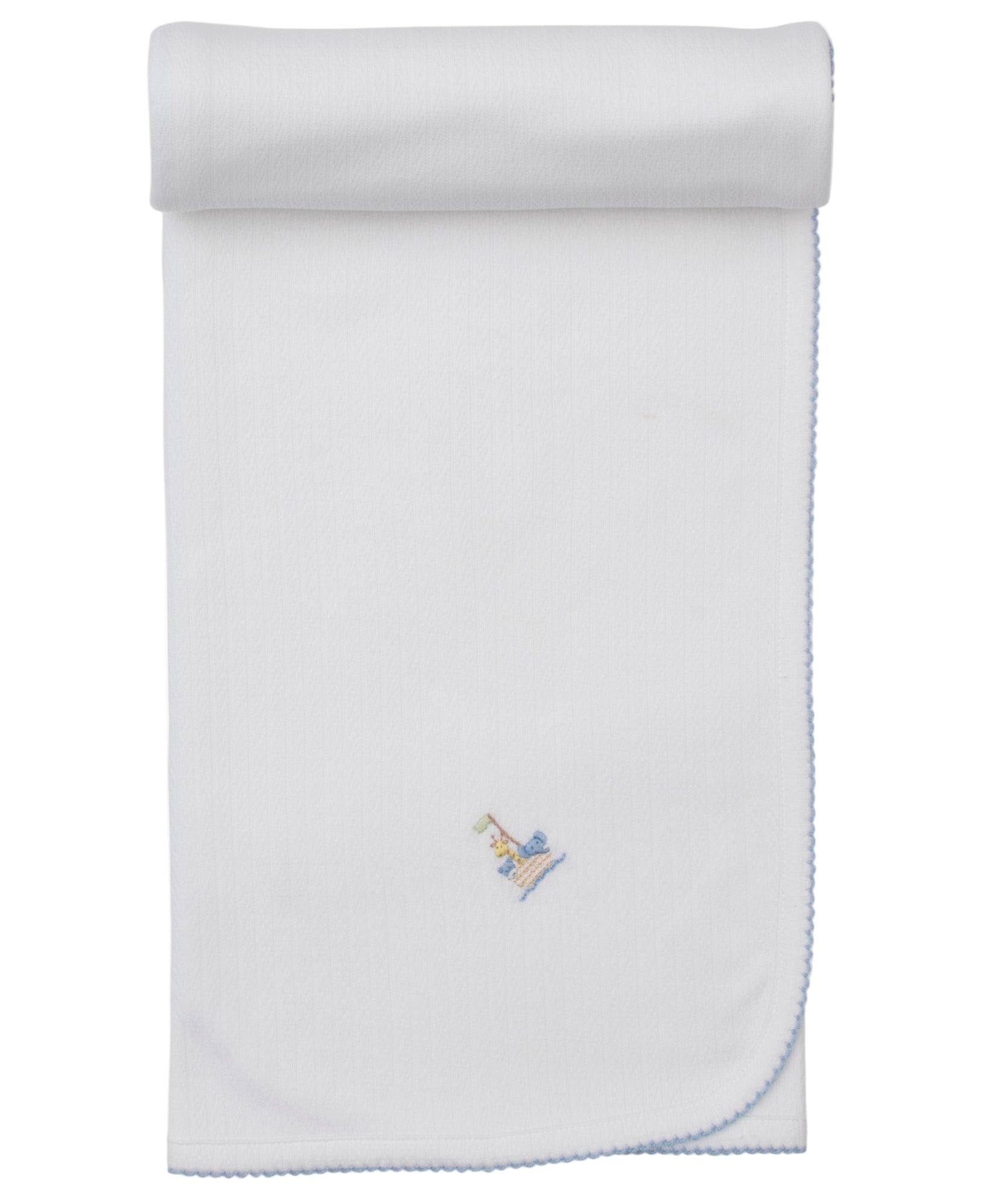 The Kissy Kissy Premier Noah's Ark Blanket with Hand Emb. is a white Pima cotton baby blanket with light blue trim and a small embroidered giraffe and train near one corner, rolled at the top.