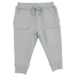 The Angel Dear Baby and Kids’ Jogger Pant in light gray organic French terry for toddlers features a drawstring waist, two front pockets, and ribbed cuffs for comfort—this cozy knit pant is shown laid flat on a white background.