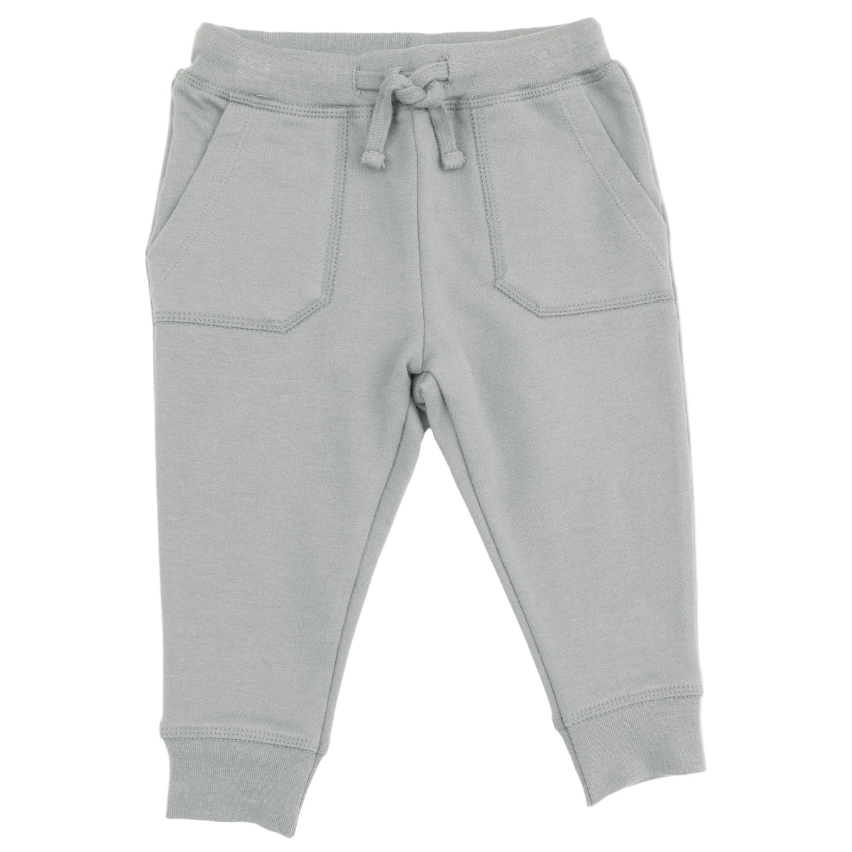 The Angel Dear Baby and Kids’ Jogger Pant in light gray organic French terry for toddlers features a drawstring waist, two front pockets, and ribbed cuffs for comfort—this cozy knit pant is shown laid flat on a white background.