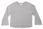 A light gray Girl’s Luna Long Sleeve by Rylee & Cru, featuring “Wild Flower” embroidered in white cursive on the chest, a relaxed silhouette, and shown flat on a white background for an effortless everyday look.