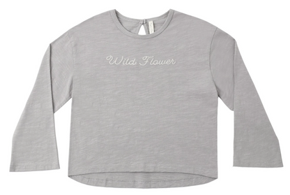 A light gray Girl’s Luna Long Sleeve by Rylee & Cru, featuring “Wild Flower” embroidered in white cursive on the chest, a relaxed silhouette, and shown flat on a white background for an effortless everyday look.