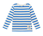 Nautical-inspired and stylish, the Arsene & Les Pipelettes Boys' and Girls' Sailor Shirt features blue and white horizontal stripes, charming blue shoulder buttons, and a small patch with an orange sun and waves design near the hem.