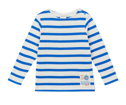 Nautical-inspired and stylish, the Arsene & Les Pipelettes Boys' and Girls' Sailor Shirt features blue and white horizontal stripes, charming blue shoulder buttons, and a small patch with an orange sun and waves design near the hem.