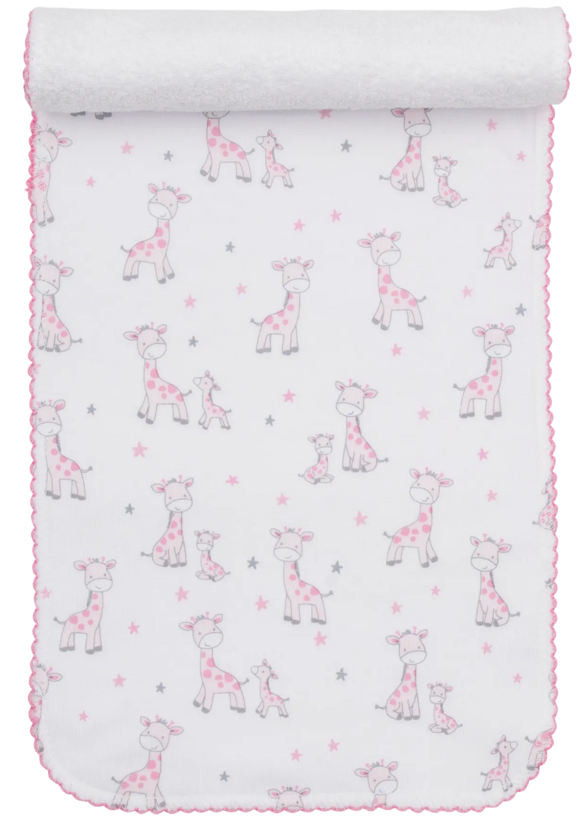 Wrap your baby in cozy comfort with this white blanket crafted from soft Pima cotton, featuring pink trim and an adorable pattern of pink and gray giraffes and stars. Pair it perfectly with the Kissy Kissy Just Giraffes Printed Burp for a matching set.