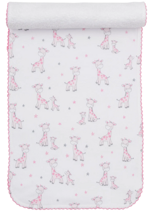 Wrap your baby in cozy comfort with this white blanket crafted from soft Pima cotton, featuring pink trim and an adorable pattern of pink and gray giraffes and stars. Pair it perfectly with the Kissy Kissy Just Giraffes Printed Burp for a matching set.
