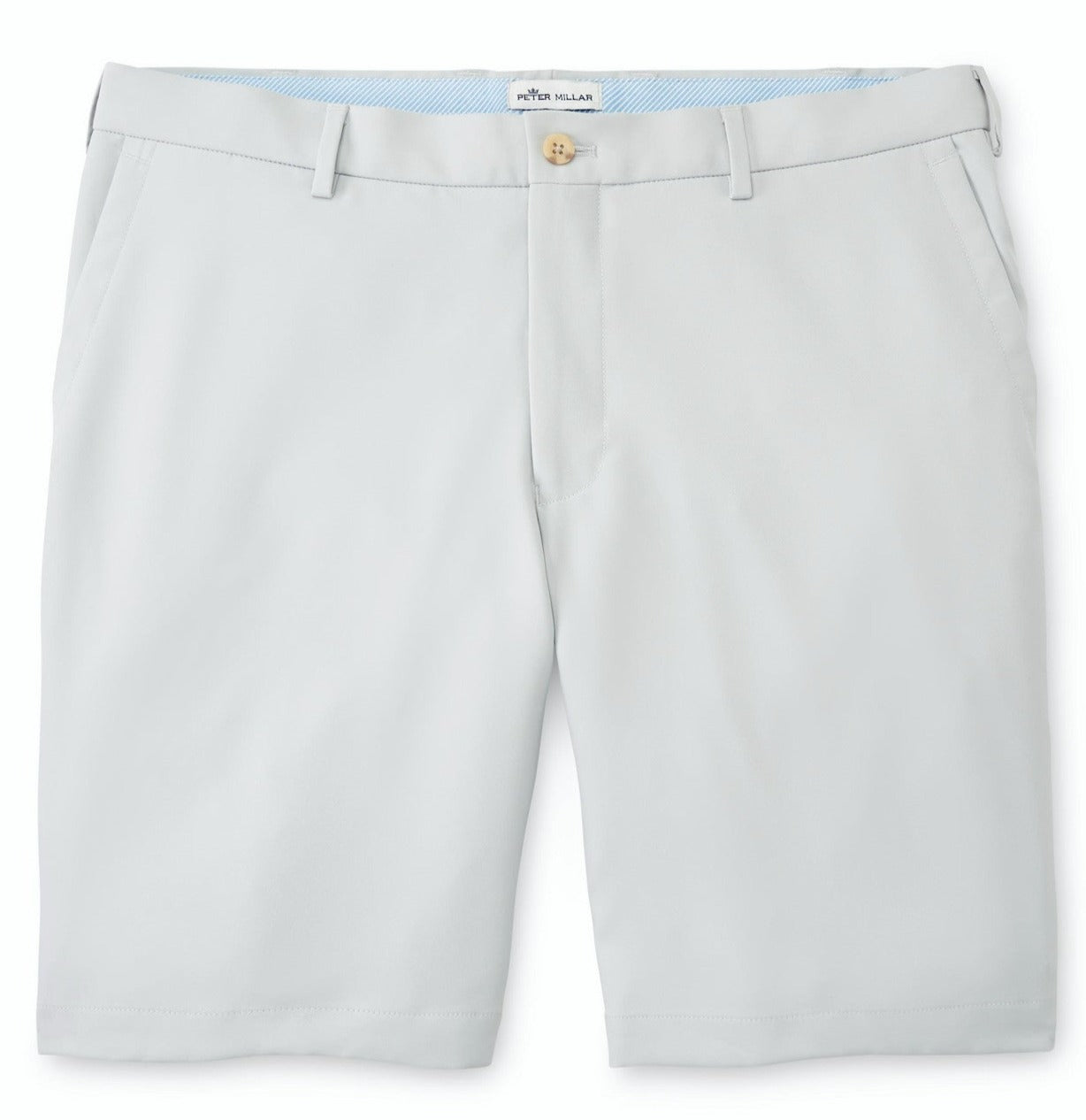 The Peter Millar men's golf shorts in light grey are made of moisture-wicking polyester woven twill fabric, ensuring quick dry performance.