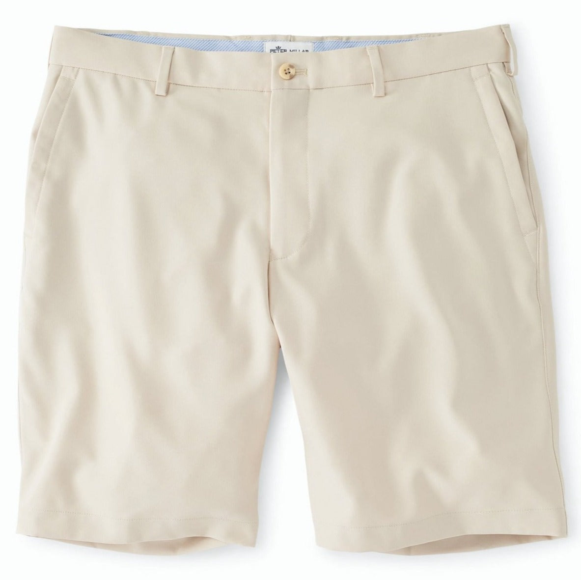 The Peter Millar Salem High Drape Performance Short, made of moisture-wicking polyester woven twill fabric, ensures quick dry properties.