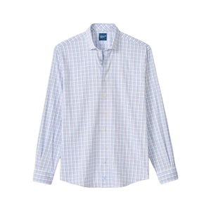 The Johnnie-O Salvadore Shirt is a light blue and white plaid long sleeve button-up with a collar, made from moisture-wicking fabric and shown against a plain white background.