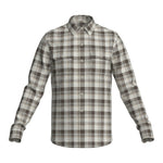 The Faherty Legend Sweater Shirt is a long-sleeved, button-up plaid shirt in brown, gray, and white with two chest pockets, made from a custom fabric blend for exceptional comfort.