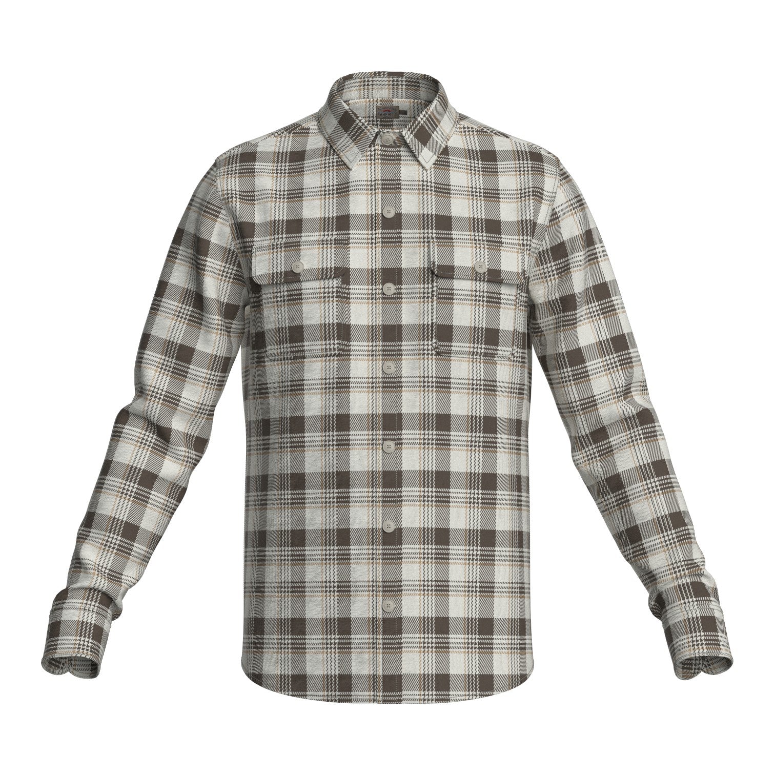 The Faherty Legend Sweater Shirt is a long-sleeved, button-up plaid shirt in brown, gray, and white with two chest pockets, made from a custom fabric blend for exceptional comfort.