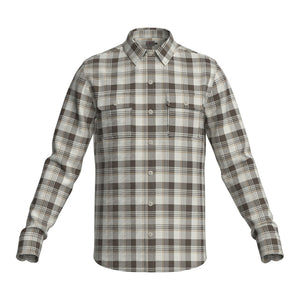 The Faherty Legend Sweater Shirt is a long-sleeved, button-up plaid shirt in brown, gray, and white with two chest pockets, made from a custom fabric blend for exceptional comfort.
