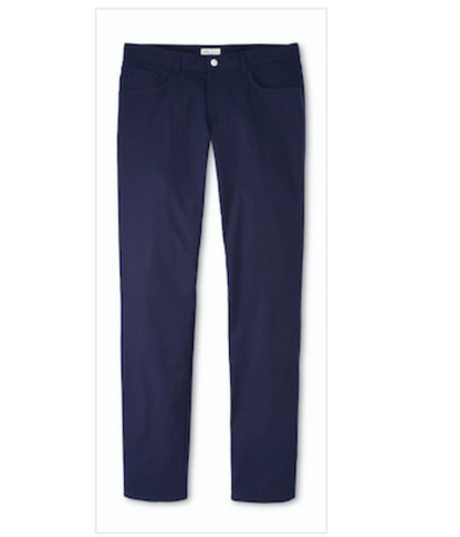 The Peter Millar eb66 Performance Five-Pocket Pant in navy, featuring a straight-leg design with front and back pockets, is shown laid flat against a white background.