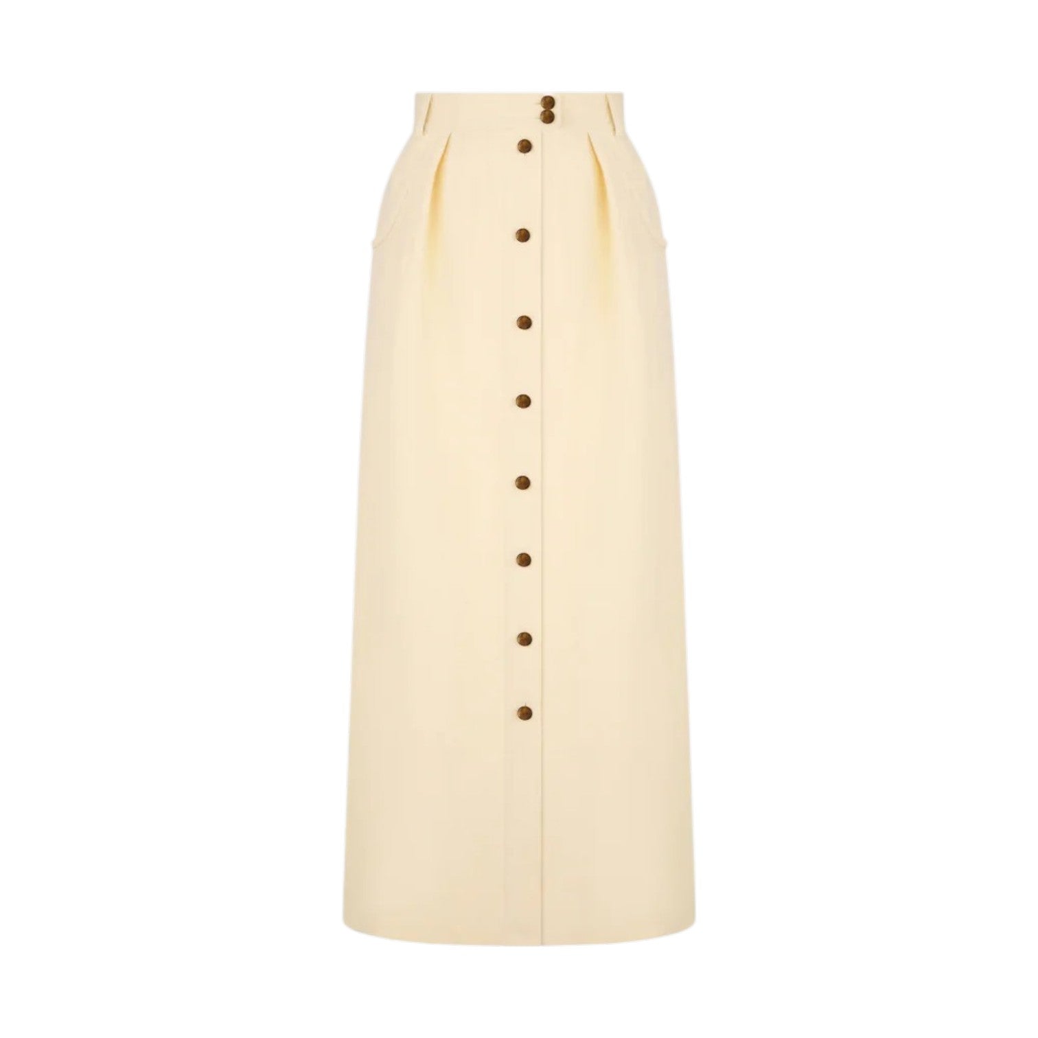 The Savannah Nija Skirt by Blaze Milano is a high-waisted, full-length cream skirt with elegant front pleats and a row of dark buttons down the center.