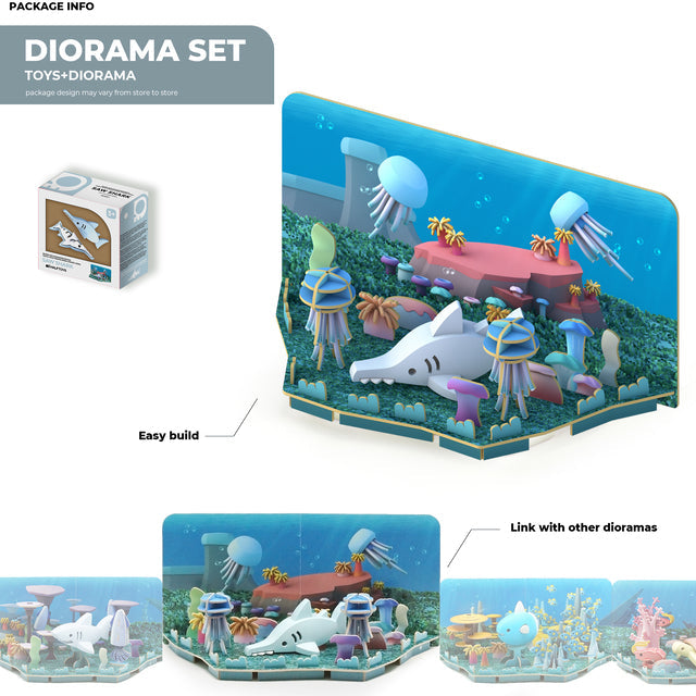 Image of a Halftoys Ocean Friends diorama set featuring a marine life theme. The set includes a submarine, sea creatures, and coral. The box is displayed on the side with labels highlighting "Easy build" and "Link with other dioramas." This Halftoys Ocean Friends set provides endless fun in an underwater world.