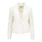 The Sawyer Coated Viscose Linen Blazer by TWP features a tailored white design with a single button, notched lapels, and the brand's label inside the collar.