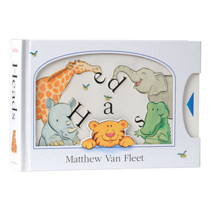 The cover of "Heads" by Simon & Schuster features illustrated animal faces and playful, scattered letters, making this interactive children's book visually engaging for toddlers.