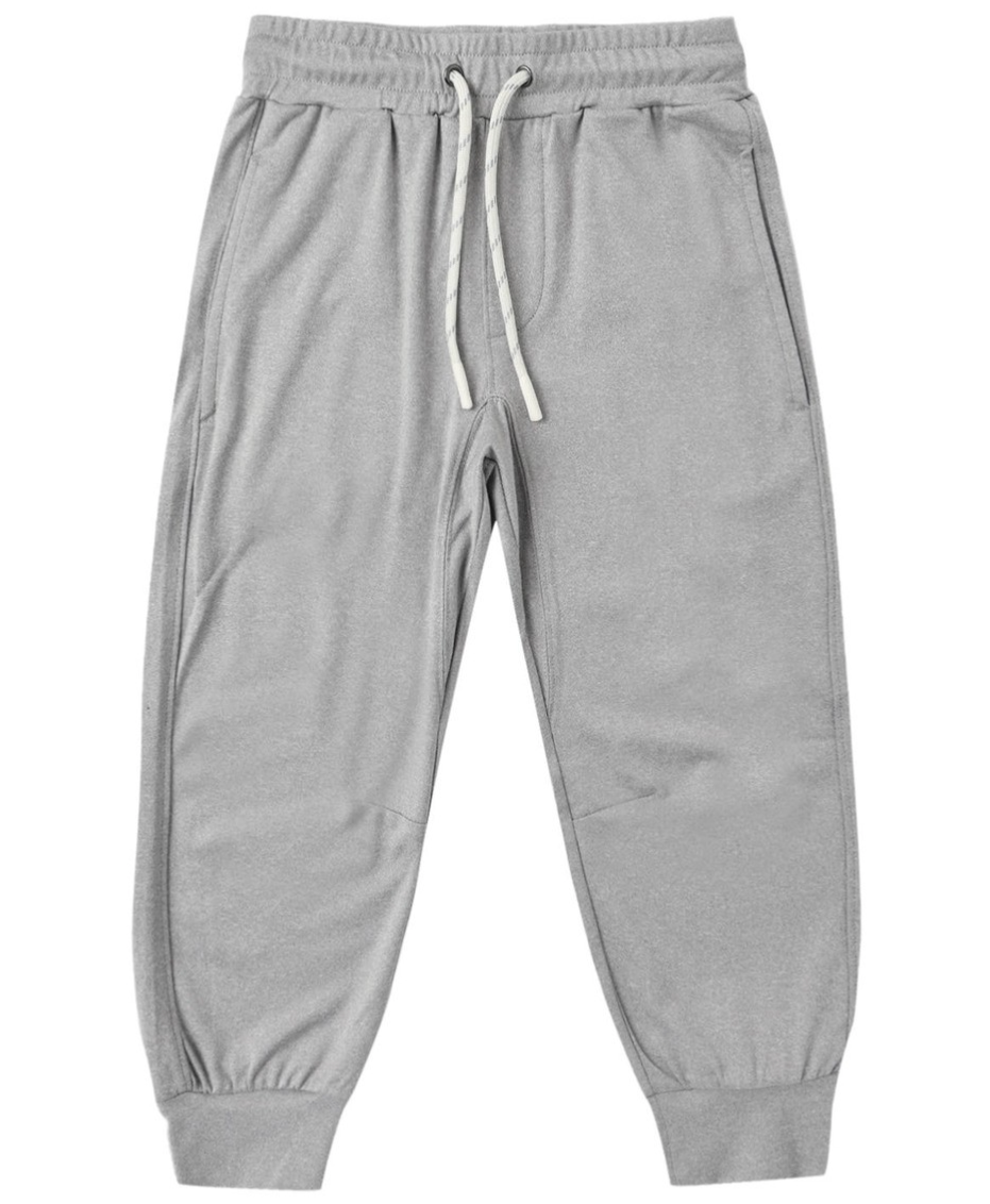 The Boys’ Century Tech Jogger by Rylee & Cru is shown flat against a white background, featuring a light gray color, relaxed fit, elastic waistband with a white drawstring, side pockets, and ribbed cuffs.