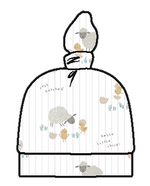 Angel Dear Knotted Hat with gray stripes, featuring sheep, chicks, eggs, grass illustrations, and "just hatched" & "hello little chick!" prints on soft bamboo fabric.