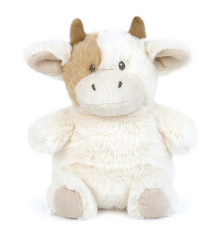 The Mon Ami Mocha Petit Cow is a plush stuffed animal with white and light brown fur, beige horns, and small black eyes—an adorable cuddly companion for all ages.